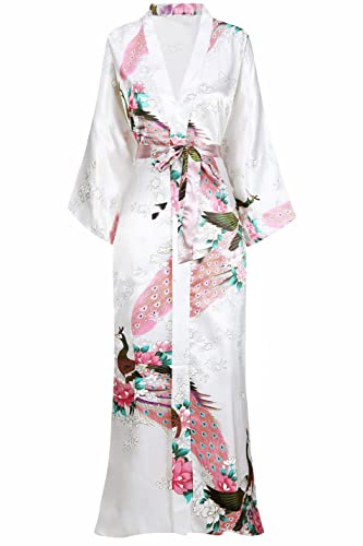 BABEYOND Kimono Dressing Gown Peacock Kimono Robe For Women Wedding Girl's Bonding Party Pyjamas 135cm Long (White)