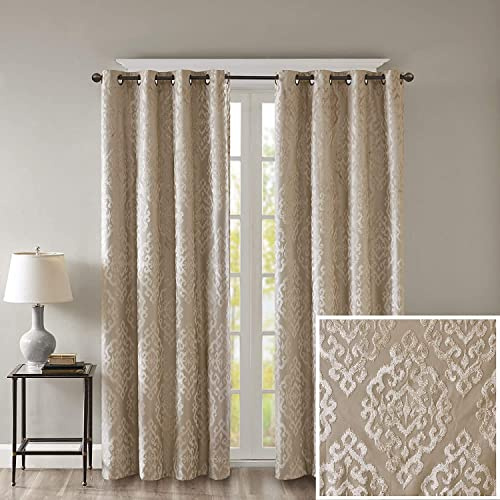 Sun Smart Mirage 100% Total Blackout Single Window Curtain, Knitted Jacquard Damask Room Darkening Curtain Panel with Grommet Top 50 x 108 in, Champange