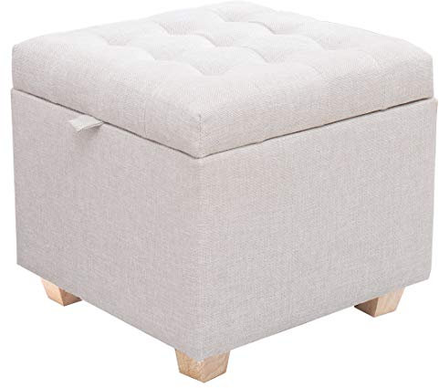 LEITING Large Storage Ottoman Toy Box Chair Seat Foot Stool Footstool Footrest Cube Pouffe Upholstered with Linen Fabric Cover (Beige-B1)