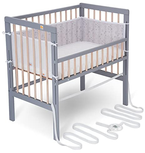 FabiMax Baby Beistellbett für Boxspringbett, TÜV geprüft 2022, inkl. Matratze und Nestchen aus Netzstoff, Buche massiv grau/Natur, Air/graue Blümchen