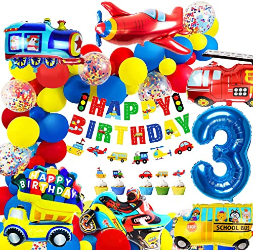 iZoeL Decorazione Compleanno di Flotta di Trasporto 3 Anni, Corona Buon Compleanno Scuolabus Treno Camion dei Pompieri Aereo Moto Palloncini in Foil Cake Topper, per Bambini Auto Festa a Tema