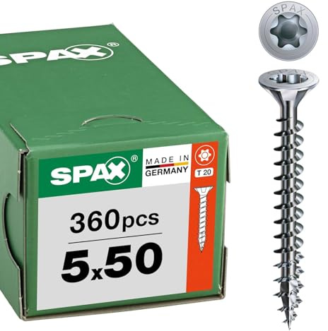 SPAX Tornillo universal 5 x 50 mm, 360 unidades - Tornillos para madera, rosca completa, cabeza avellanada, T-STAR plus T20, punta 4CUT, recubrimiento WIROX - 8000000287923