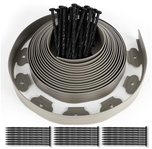 Bordure de Jardin Plastique 10 Mètres avec 50 Piquets, d'ancrage Bordurette de Pelouse Flexible Bordure de Gazon Idée de Jardin Hauteur 50mm Paisseur 4mm, Gris