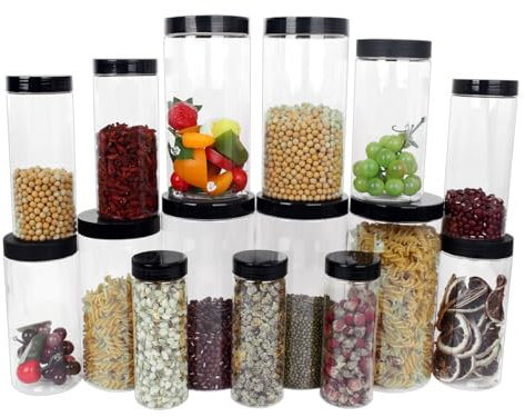 Hylruu Storage Jars Plastic Jars with Lids kitchen Reusable Food Storage Jars Containers Airtight for Dry Food 15 Pack