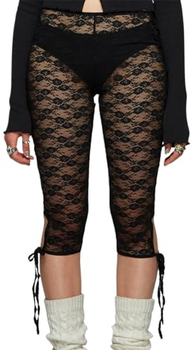 FeMereina Women's Lace Capri Pants Sexy See Through Bandage Sheer Mesh Tights Bottoms Cropped Leggings Party Night Club Outfits (Black, S)