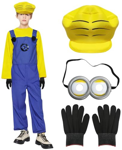 Deguisement Carnaval Enfant, Costume Carnaval pour Garçons, Combinaison Jaune et Bleue avec Chapeau, Lunettes, Gants, Cosplay de Film Classique, pour les Anniversaires, Parties, Tenue Quotidienne (XL)