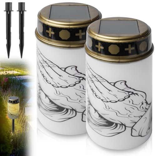 GOMETY 2 luces solares LED para tumba, resistentes al agua, para exteriores, sin llama, con estaca de tierra, funcionan con energía solar con sensor de luz, vela conmemorativa, vela conmemorativa