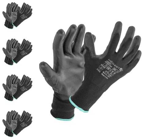 Högert Technik JAGST guantes con recubrimiento de poliuretano, negro, talla 9, 12 pares/paquete, resistentes a la abrasión y flexibles, ideales para trabajos de montaje de precisión