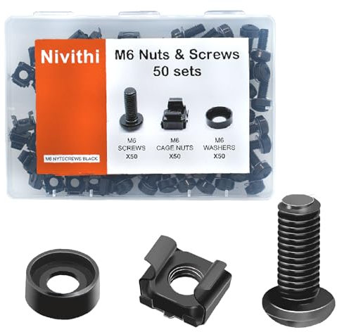 Nivithi SR620 Vis M6*20+Écrous à Cage–50 Sets pour Rack 19 Pouces–Vis Ecrou pour Baie de Serveur,Armoires Réseau et Installation–Écrous Cage en Acier Noir Zinc pour Usage en Rack