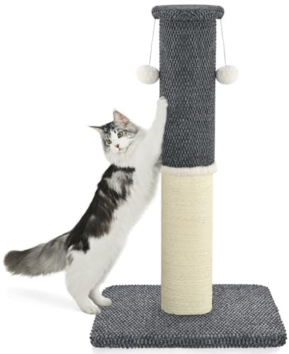 Made4Pets Tall Cat Scratching Post, Heavy Duty and Thicker Scratching Posts for Indoor Cats Adults, 33 Natural Sisal Cat Scratcher with Hanging Balls, Sturdy Base Cat Scratch Post, Dark Grey