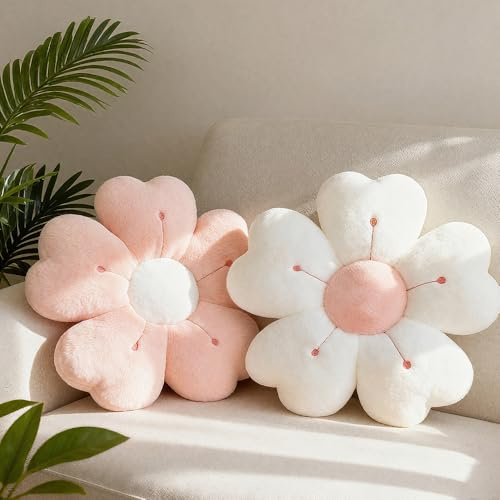 Foreverup 2PCS Flower Pillow, Daisy Cushion, Soft Petal Cushion, 35cm Fluffy Soft Daisy Floor Cushions Cute Pillows Seating Cushionfor Car Home Bedroom and Sofa Chair (White+Pink)