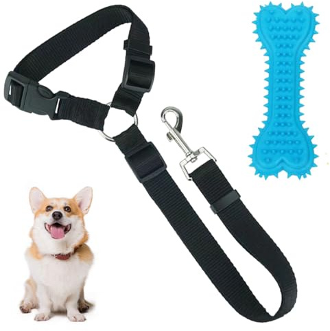 Ceinture de sécurité pour chien en 2 parties, noire laisse chien voiture, livrée avec 1 jouet de dentition résistant aux morsures pour empêcher votre chien de mordiller la voiture.