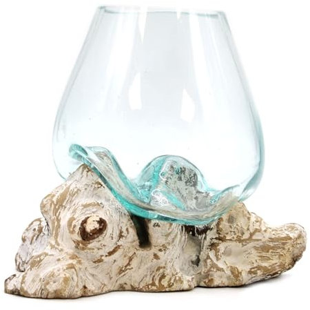 Vaso decorativo in vetro soffiato con base in legno rustico, design artigianale, finitura bianca