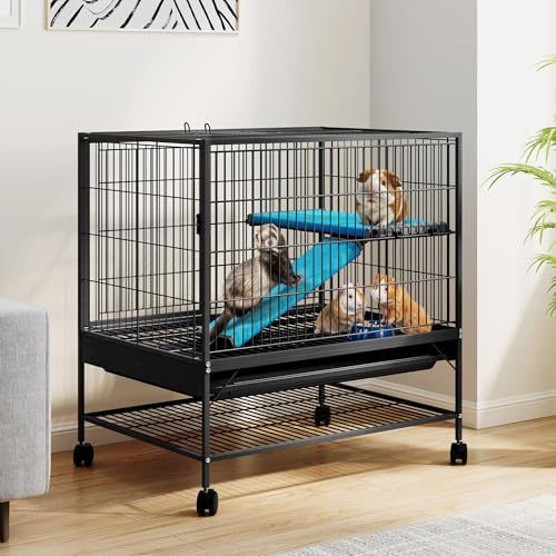 DWVO 2-Tiers Small Animal Cage with Wheels, Indoor Cage for Ferrets, Chinchillas, Guinea Pigs, Large Hamsters, Rabbits, Hedgehogs