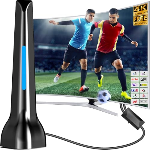 Antena de TV – Antena de TV interior para Smart TV con amplificador de señal y base magnética – Antena digital para Freeview – Recepción de 360° – Más de 50 millas de largo alcance – Compatible con 4K