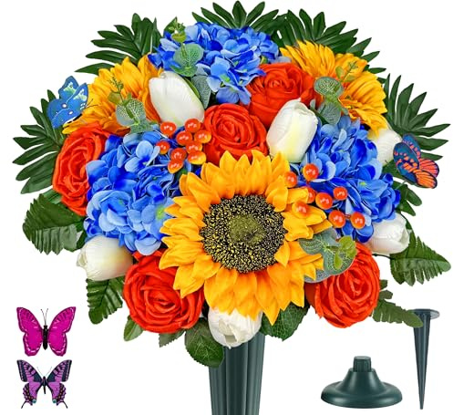 HENOMO Artificial Cemetery Flowers for Grave Vase, Headstone Silk Flower Arrangement, Graveside Decoration - Vibrant Orange Sunflower Tulip Rose Mix Bouquet, Tombstone Memorial Flowers