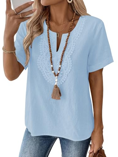 Rapbin blus damer kortärmad bomull linne v-ringad topp lös avslappnad sommar toppar spets elegant tunika blusar