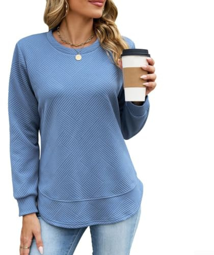 Whychstore Enfärgad damtröja rund hals långärmad lös passform ledig topp för sommarsemester strand S-XXL