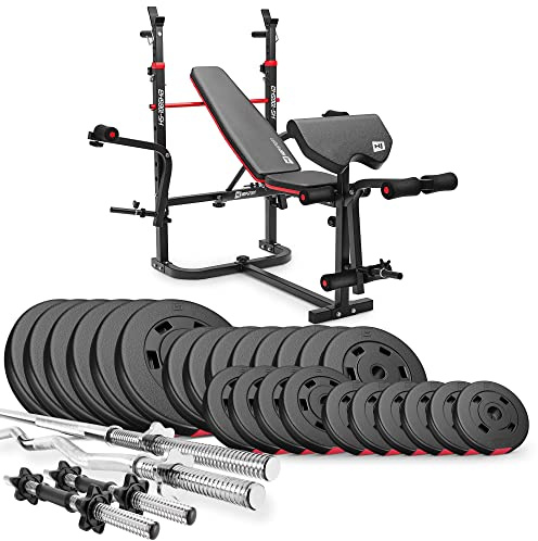 Hop-Sport - Hantelbank mit Latzug, multifunktionale Trainingsbank, verstellbare Schrägbank, inkl. Langhantelstange, SZ-Curlstange, Hantelset 135 kg, max. Hantelbank Belastbarkeit 250 kg