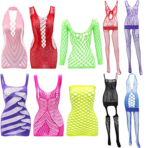10 Pieces Women's Fishnet Lingerie Bright Body Stocking Bodysuits Lingerie Fishnet Dress for Women