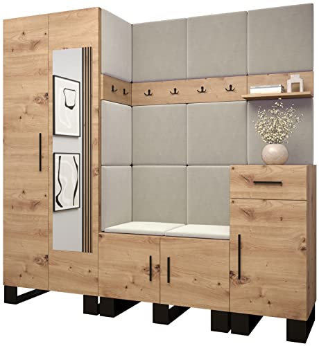 MEBLE KRYSPOL Garderobe Artin Set 13 mit gepolsterten Paneelen Industriell Design (Artisan Eiche + Manila 02 (Creme))