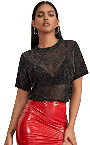 GORGLITTER Nättoppar damer, genomskinliga nättoppar, festivaltopp, glittertopp för outfit, fest, t-shirt, svart, XL