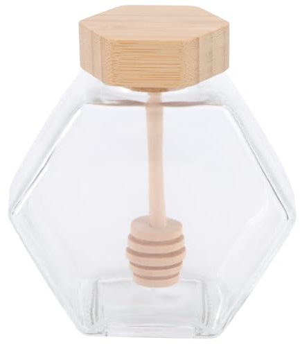BESTonZON Hexagon Honey Jar Honey Jars Glass Bee Storage Small Jars Decorative Jar Empty Jars Mini Crystals Pot with Dipper Sugar Bowl re-usable