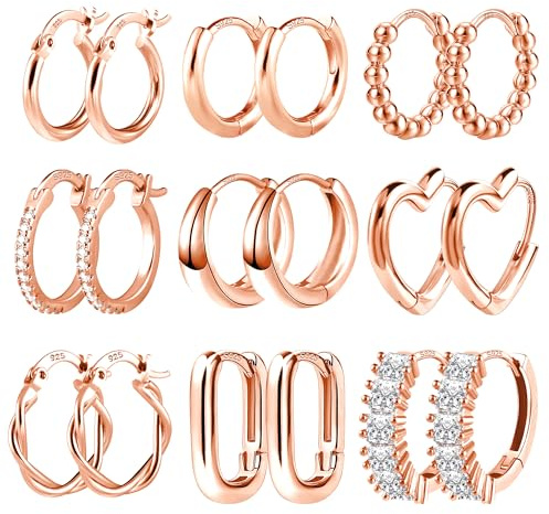 ALEXCRAFT Roségold Ohrringe Set - 9 Paar Multipack mit Creolen, Eckig, Herz, Knorpel, Huggie und Kreolen für Damen mit mehreren Ohrlöchern