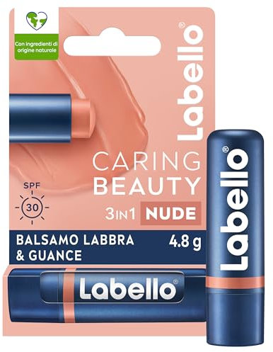 Labello Caring Beauty Lip & Cheek Nude 4.8 g, Burrocacao labbra e guance con una nota di colore nude, Balsamo labbra colorato e blush stick 2 in 1, Lip balm idratante con protezione SPF 30