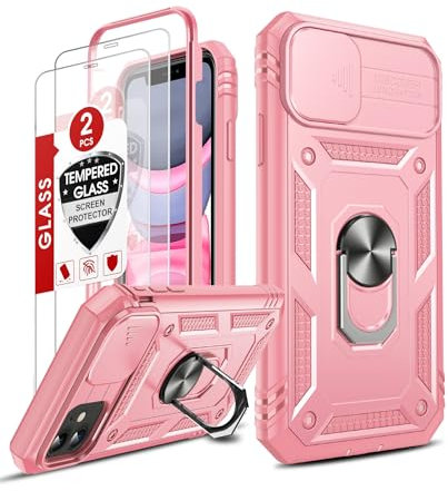 LeYi for iPhone 11 Case and 2 Tempered Glass Screen Protector with Slide Camera Cover,Ring Holder Stand Full Body Protective Heavy Duty Shockproof Hard Armour Phone Cover, Pink