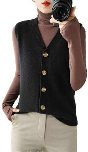 Cardigan Gilet en Mélange de Laine pour Femmes Gilet Uni à Col en V Gilet Tricoté Sans Manches à Boutons Pull Gilet, Noir , XXL