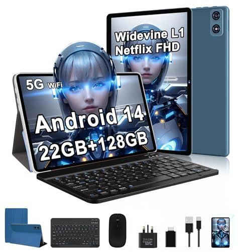 fezawio 2025 Newest 10 inch Android 14 Tablet|22GB RAM+128GB ROM|1TB Expandable|8000mAh|5G Wi-Fi|Widevine L1|Octa-Core|Keyboard-Mouse-Holster|Premium Entertainment & Light Office - Blue