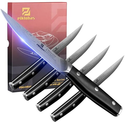 Piklohas Steak Knives Set of 4, 4.5 Inch Non Serrated Dinner Knife, Forged German Steel Damascus Pattern Straight Edge Meat Knife with Full Tang Handle, Dishwasher Safe, Ideal for Gift