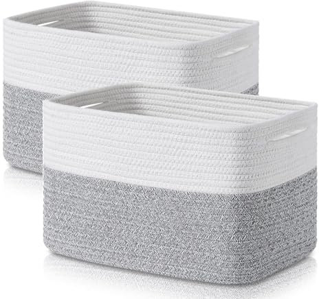 Homsorout Cotton Rope Storage Baskets - 2 Pack Bathroom Woven Shelf Basket Boxes with Handles Towel Organiser for Living Room, Laundry, Closet, Home Decor, Grey White