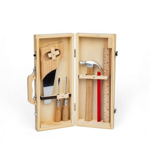 Bigjigs Toys DIY-Werkzeugkasten, 6 Stück Holz-Kinderwerkzeuge, echte kinderfreundliche Bausätze, Öko-Geschenksets für Mädchen und Jungen, ab 5 Jahren