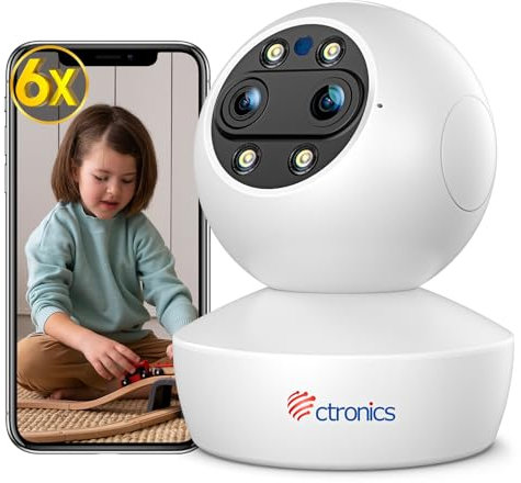 Ctronics Telecamera WiFi con doppio obiettivo e zoom 6×, Auto Tracking, Videocamera Sorveglianza Interno con Visione notturna a colori, 8 Posizioni predefinite, Compatibile con PC e Cloud