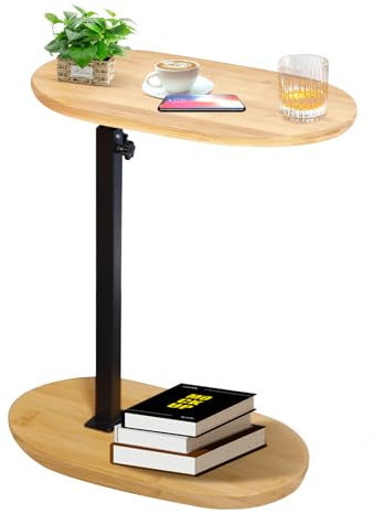 KUKKUME Beistelltisch C Form Höhenverstellbar Kleiner Tisch Bambusholz und Metall Couchtisch Sofatisch Kaffeetisch Side Table Sofa Table Betttisch für Wohnzimmer Bad Bett Sofa und Kaffee