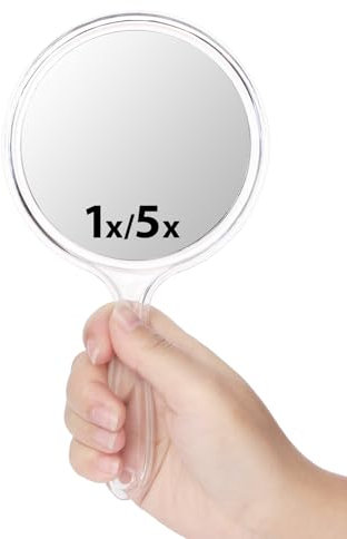 Macaki Double-Sided Handheld Mirror with 1X/5X Magnification, Perfect for Travel and Makeup, 21 x 11 cm (Transparent White, 1PC)