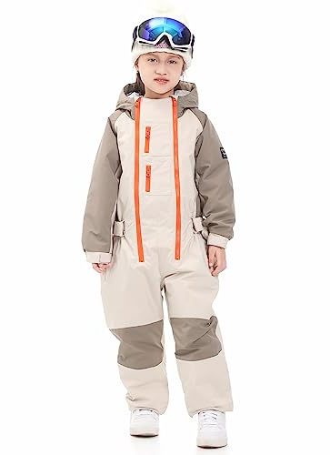 SNBOCON Kids Girls Boys One Piece Snowsuits Ski Suits High Collar Hood Double Zipper Front Colorful Jumpsuits Snowboard Outdoor Winter Waterproof Jackets(120cm,Oatmeal)