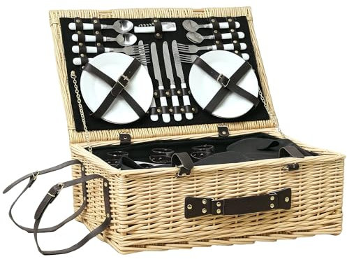 Outsunny Picknickkorb aus Weidenholz Picknickkoffer für 4 Personen mit Isoliert Kühlfach Picknickdecke Besteck Set, Picknick Set Komplettset für Camping Strand Weihnachten Naturholz