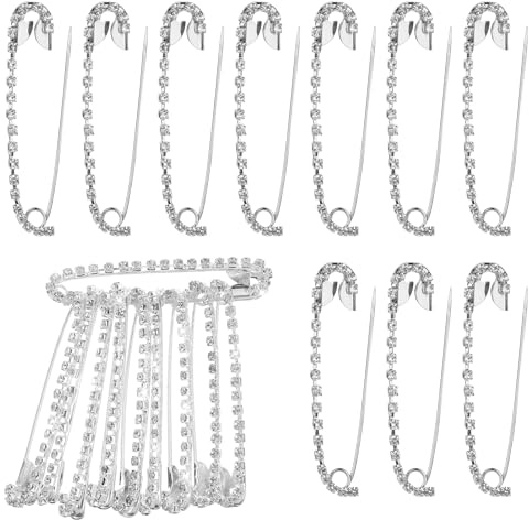 Xindojuz 10 PCS Rhinestone Safety Pins for Clothes, Decorative Brooches for Women, Silver Safetys Pins Large, Crystal Metal Elegant Shawl Clips for Women Skirts Scarf Shirt Hat Accessories