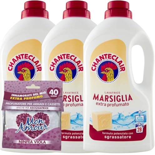 Chante clair Marsiglia Detersivo Extra Profumato, 3 Flaconi da 1260ml, 28 Lavaggi, con Profumatore Mon Amour in Omaggio