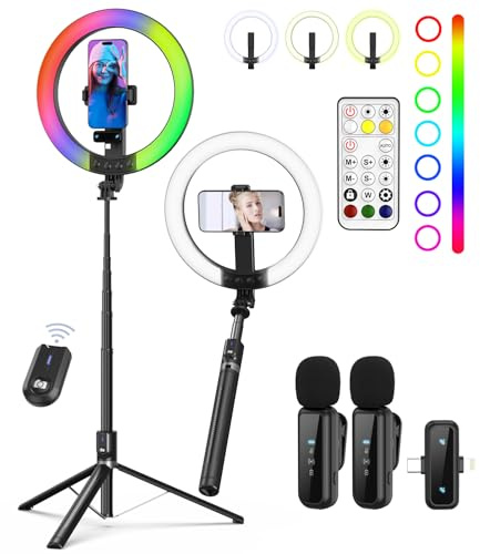 Yeaki Kit de vlogging pour iPhone/Android – Anneau lumineux à selfie de 10 avec trépied de 188 cm et support de téléphone, trépied pour iPhone avec lumière et microphone, kit de démarrage YouTube