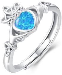 Claddagh Anillo para mujer de plata de ley 925 con piedra lunar irlandesa, anillo de corazón Claddagh, anillos abiertos ajustables, regalo joyas para mujer