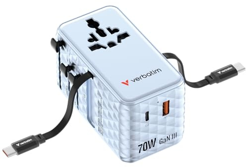 Verbatim GaN Reseadapter 70 W blå, adapter för uttag med 2 inbyggda kablar och USB-C, USB-A, 2 USA/JP-portar, universell snabbladdare för bärbar dator, smartphone och mer