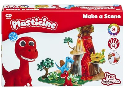 Plasticine Make A Scene Dinosaurio Skwishems – Kit de amasado creativo con herramientas e instrucciones en vídeo QR – Crea y aplasta dinosaurios y volcán – Para niños a partir de 5 años