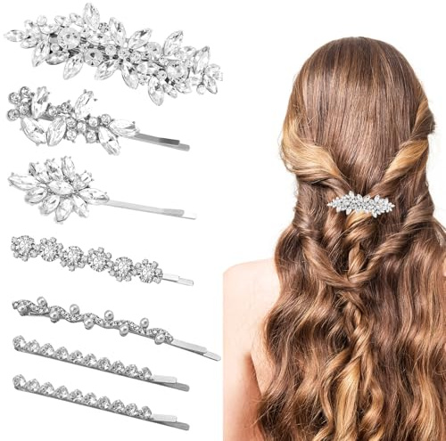 7 pinzas para el cabello con forma de hoja plateada y diamantes de imitación para novias, accesorios para el cabello de boda para mujeres, pinzas brillantes para la novia, decoraciones de horquillas