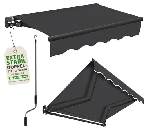Sekey Gelenkarmmarkise 300x250 cm mit Handkurbel, 0-53° stufenlos neigbar, Doppel-Stahlseilzug, 280g/m² Polyester wasserdicht, Sonnenschutz, UV-Schutz, Markise für Balkon, Terrasse & Garten, Anthrazit
