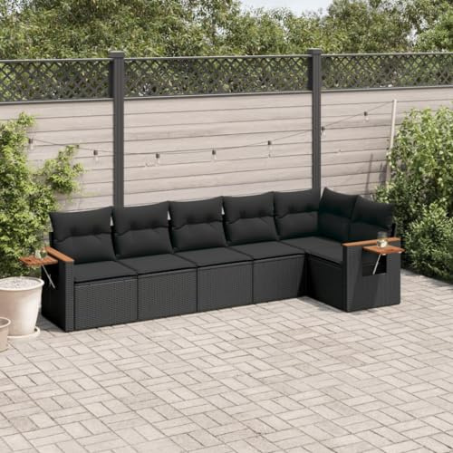 JHQHSM Set di 6 divani da giardino con cuscino in polyrattan nero, design modulare con vano portaoggetti e sacchetto impermeabile, ripiani pieghevoli, rivestimenti rimovibili, in rattan PE per esterni