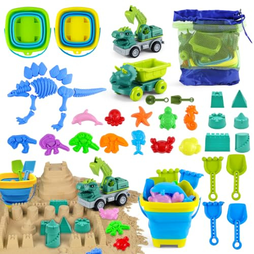 Pgtc Juego de Juguetes de Playa para Niños,36 Piezas Juguetes de Playa de Dinosaurios para Niños Pequeños (1-8 Años),Juego de Juguetes de Playa de Viaje,Moldes de Animales,Set de Construcción